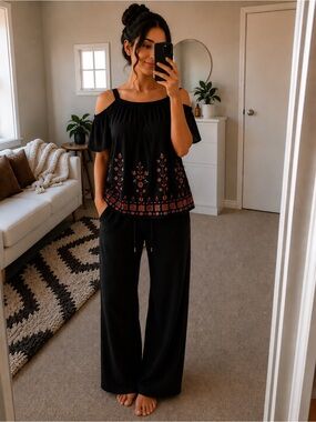 Cold-Shoulder Embroidered Wide-Leg Top - Black